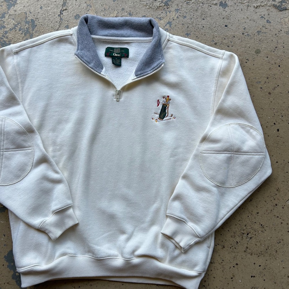 Vintage Orvis Golf Quarter Zip Sweatshirt Mens Medium Cream 90s Elbow Patches